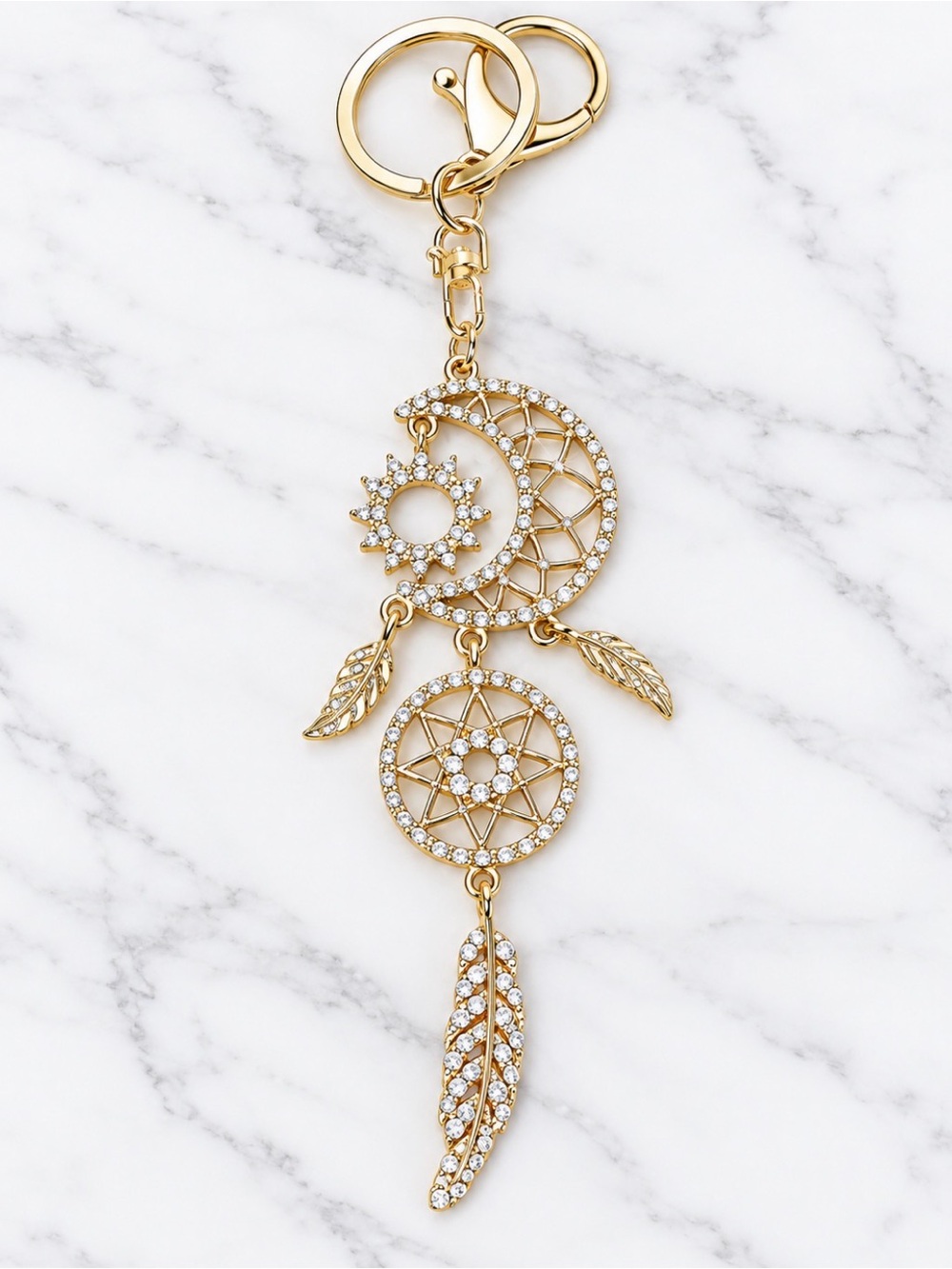 White Dreamcatcher Bag Charm/Keyring With Feather & Moon Accents-Gold Hardware